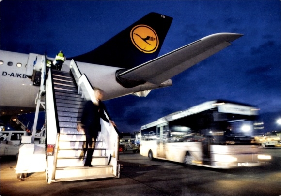 Postcard Frankfurt am Main, Airport, Airplane D-AIKB, Lufthansa, Bus