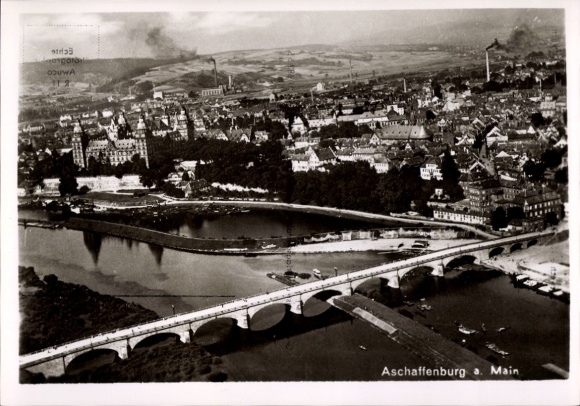 Postcard Aschaffenburg in Lower Franconia, aerial photograph, Main Bridge, Johannisburg Castle