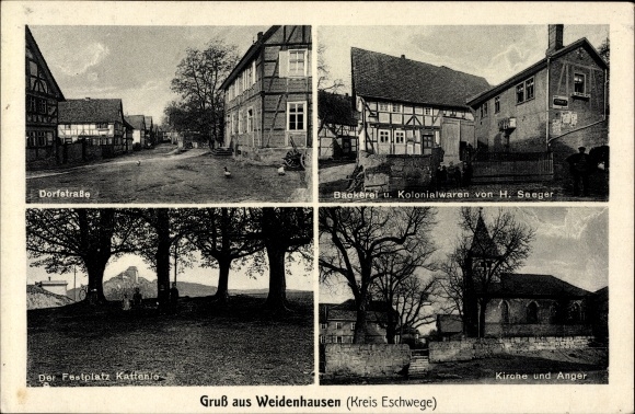 Ansichtkaart Weidenhausen Gemeente Meißner in Hessen, dorpsstraat, kermis, kerk, bakkerij, koloniale goederen