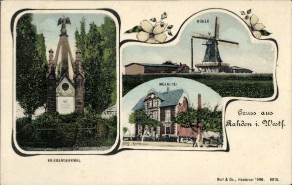 Ak Rahden in Westfalen, Windmühle, Molkerei, Kriegerdenkmal