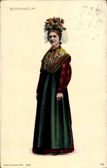 Postcard Bornholm Denmark, A young woman in traditional costume