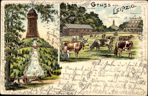 Litho Leipzig, Alpenhütte im Rosenthal, Scherbelberg, Kaiserpark, Kühe, Reh