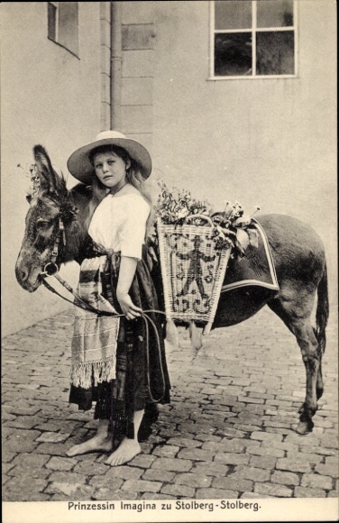 Postcard Princess Imagina of Stolberg Stolberg, portrait in traditional costume, barefoot, decorated donkey