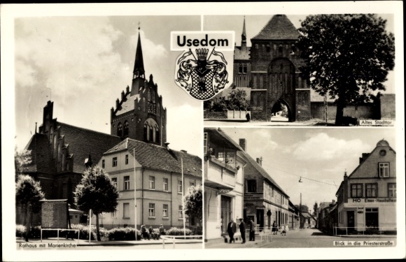 Postcard Usedom on the Baltic Sea, town hall with St. Mary&#39;s Church, old town gate,priest street, coat of arms