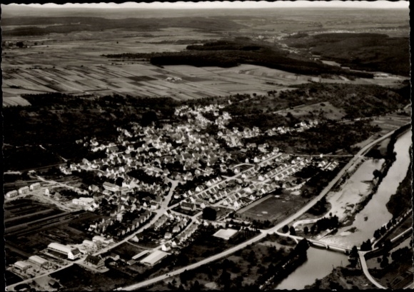 Postcard Deizisau am Neckar, aerial view of river, houses, fields