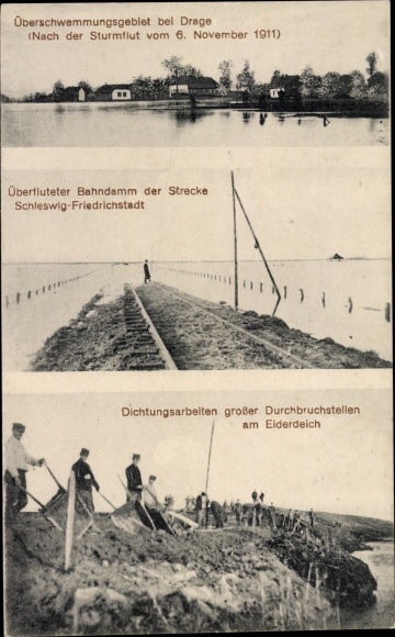 Ak Drage in Noord-Friesland, overstroming na stormvloed in 1911, spoordijk, afdichtingswerkzaamheden