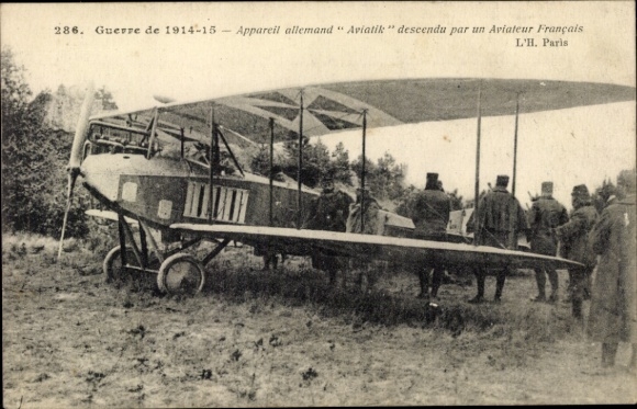 CPA Guerre de 1914-15, Appareil allemand Aviatik descendu par un Aviateur Français
