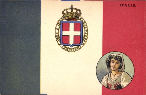 Coat of arms of Italy, woman in traditional costume, national colors