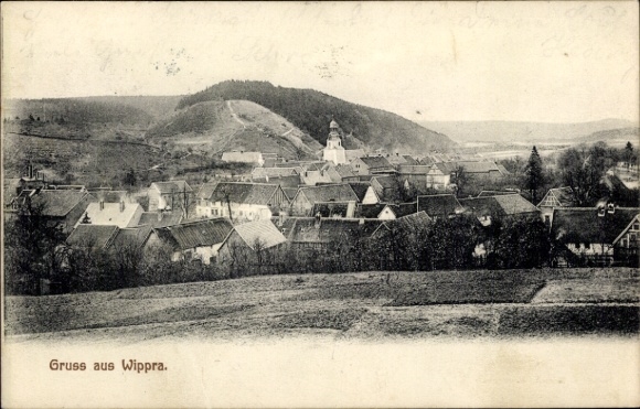 PC Wippra Sangerhausen am Harz, town view, church, hill, lettering 'Greetings from Wippra'