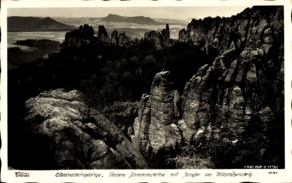 Ak Ostrau Bad Schandau Sächsische Schweiz, Schrammsteine mit Jungfer am Wildschützensteig