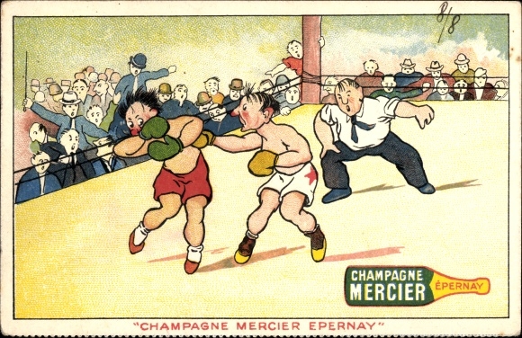 Postcard boxing match, arena, spectators, advertising, Champagne Mercier