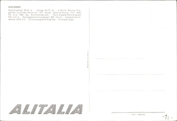 Artist Postcard passenger aircraft, Alitalia, Viscount