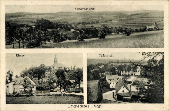 Postcard Untertriebel Triebel in Vogtland, general view, partial view, church