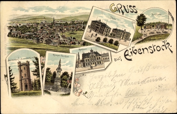 Chromo-Litho Eibenstock in the Erzgebirge Saxony, Auersberg observation tower, town hall, school, Bühlhalle