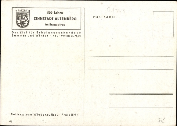 Kunstenaarskaart Heinmann, Ertsgebergte Altenberg, 500 jaar Zinnstadt, afstandsschot, kerk, plaats