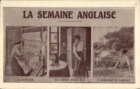 Postcard The English Week, Woman at the Loom, with the Family
