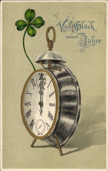Postcard Happy New Year, clover, clock