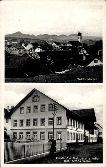 KP Wildpoldsried w Szwabii Oberallgäu, widok całkowity, zajazd i sklep mięsny Zum Adler