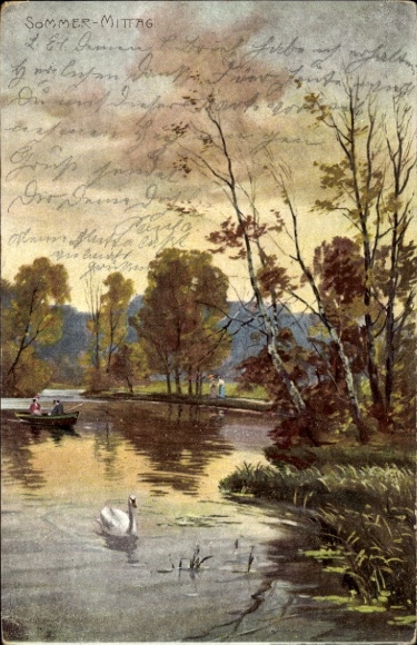 PC Dresden Bühlau, motif: lake with rowing boat, swan, ducks, walkers, trees, bushes, background...