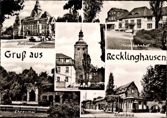 Postcard Recklinghausen in the Ruhr area, town hall, main station, memorial, hall building