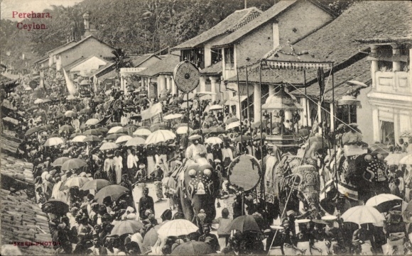 Postcard Sri Lanka Ceylon, Kandy Perahara, procession, elephants, local party