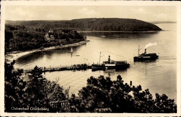 Picture of Glücksburg on the Baltic Sea, Baltic resort Strandboden, ships in the water, forest, landscape