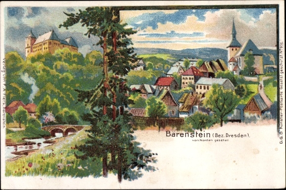 litho Bärenstein Altenberg in het Ertsgebergte, algemeen zicht vanuit het noorden, kerk, kasteel