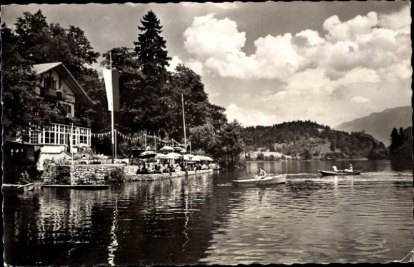 KP Thumsee Karlstein Bad Reichenhall Upper Bavaria, Seewirt Thumsee, boats on the water, trees, W
