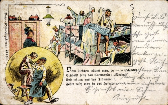 Ak Soldatenleben, Barbier, Wecken