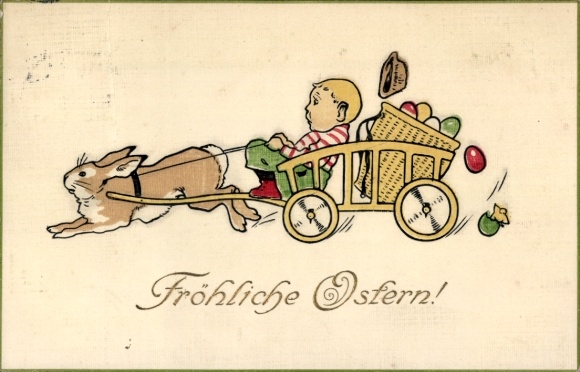 Ak Frohe Ostern, Osterhase zieht einen Wagen, in dem ein kleiner Junge sitzt