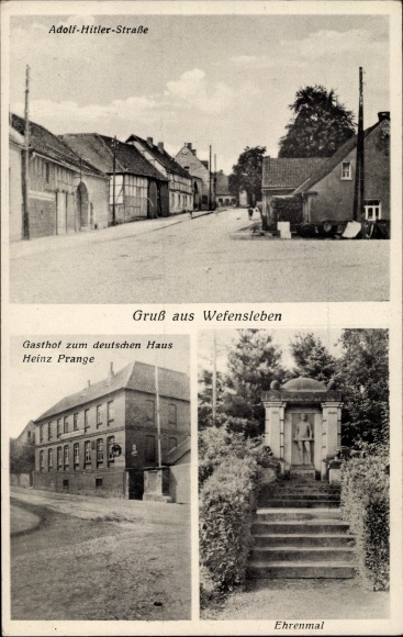 Postcard Wefensleben in Saxony Anhalt, Gasthof zum Deutschen Haus, Adolf Hitler Strasse, memorial