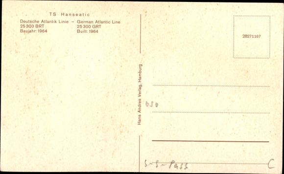 Postcard ferry TS Hanseatic, German Atlantic Line