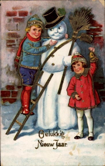 Glitter Postcard Happy New Year, children build a snowman