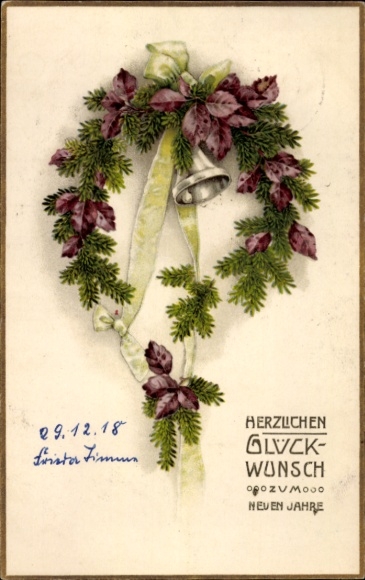 Ak Fröhliches Neujahr, Tannenkranz, Glocke