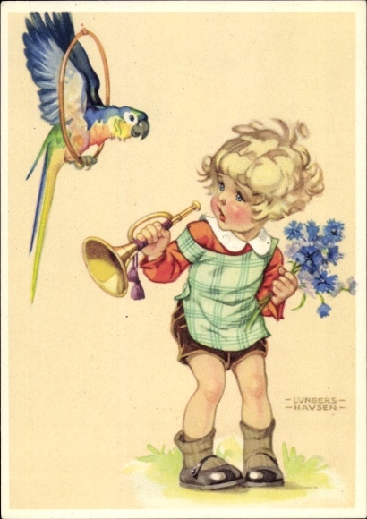 Artist PC Lungershausen, Ilse Wende, child with trumpet, parrot