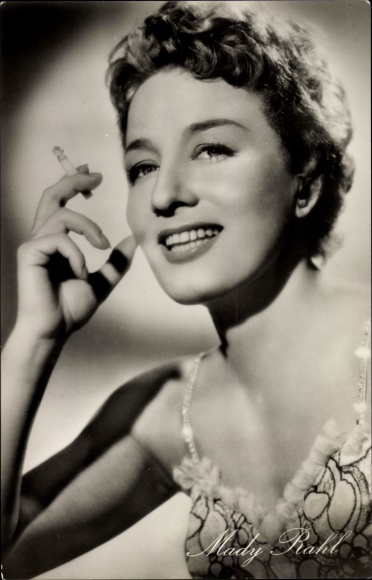 Postcard actress Mady Rahl, portrait, smoking cigarette, three from variety show