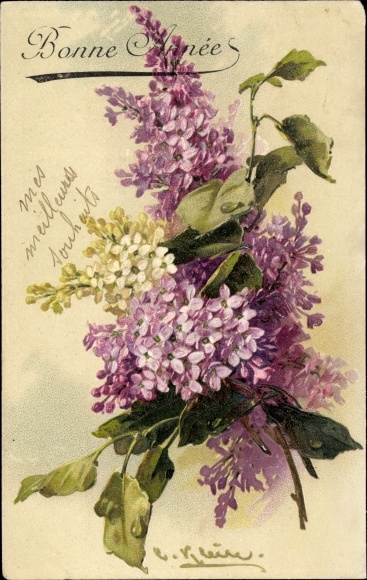 Artist Postcard Klein, Catharina, lilac bouquet, New Year's wish