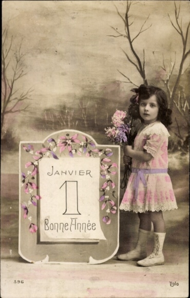 Happy New Year, girl, calendar page January 1, colored