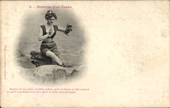 Postcard Story of a crab, beach, woman in swimsuit