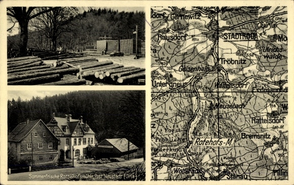 Ak Neunhofen Neustadt an der Orla, Fotos von Holzstämmen, Rothehofsmühle, Stadtplan