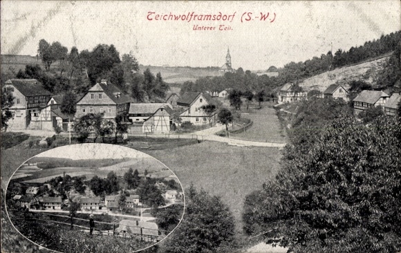 Ak Teichwolframsdorf in Thüringen, Teichwolframsdorf (S.-W.), Unterer Teil, ländliche Gebäude,...