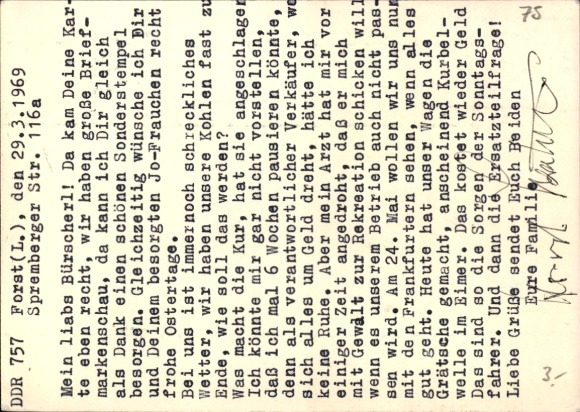 Postwaardekaart Forst in der Lausitz, Ulbricht 700 jaar Woud (Lausitz) 1965, wapen