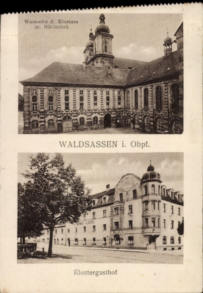Postcard Waldsassen in the Upper Palatinate, monastery inn, monastery with library