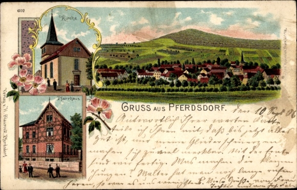 Chromo-Litho horse village Krauthausen in Thuringia, general view, church, rectory