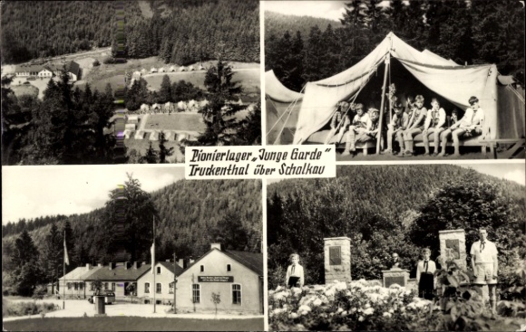 Ak Truckenthal Schalkau in Thüringen, Pionierlager Junge Garde, Zeltlager, Gruppenfoto, Naturland