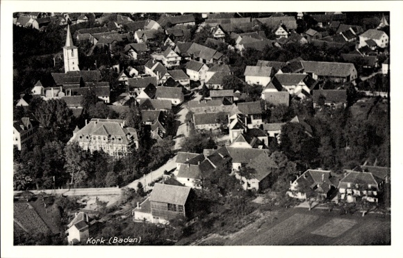 Postcard Kork Kehl am Rhein, aerial view of Kork, church, many houses