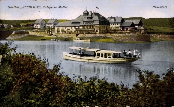 Postcard Paulsdorf Dippoldiswalde in the Eastern Ore Mountains, Gasthof Seeblick, Malter Dam, boat on the Wa