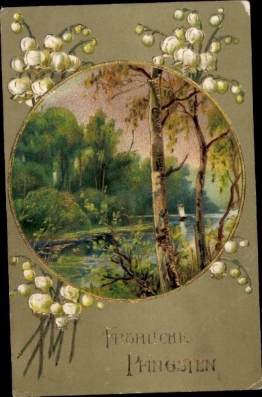 Embossed PC congratulations Pentecost, birch, lily of the valley