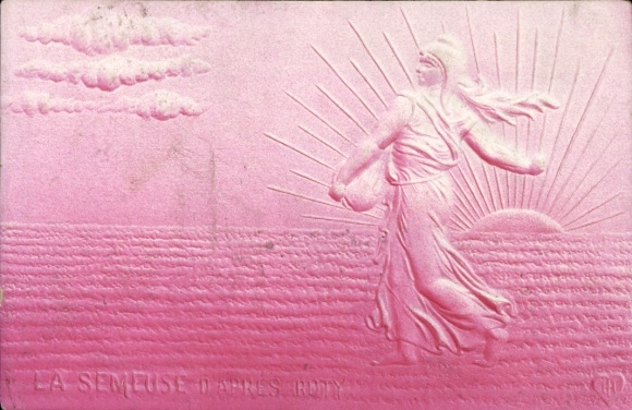 Embossed Postcard Woman sowing, field, sunrise, agriculture, allegory