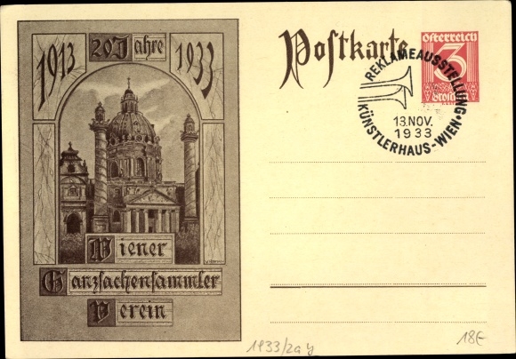 KP pocztowa Austria, 20 lat wiedeńskiego stowarzyszenia kolekcjonerów papeterii pocztowej, 1933 r